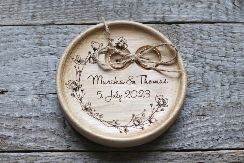 Floral Wedding Ring pillow alternative, Wedding ring dish wood, 5th Anniversary gift image 1