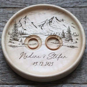 Mountain view Wedding Ring pillow alternative,  Wedding ring dish wood, 5th Anniversary gift