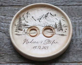 Alternativa de almohada de anillo de boda con vista a la montaña, madera de plato de anillo de boda, regalo del quinto aniversario