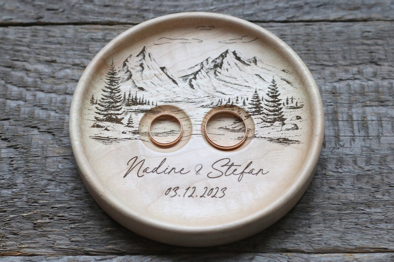 Mountain view Wedding Ring pillow alternative, Wedding ring dish wood, 5th Anniversary gift image 1