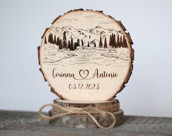 Wedding cake topper, table centerpiece, wedding gift, laser engraved wood slice , personalized, Mountain River