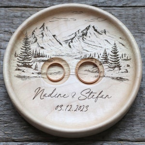 Mountain view Wedding Ring pillow alternative, Wedding ring dish wood, 5th Anniversary gift image 2