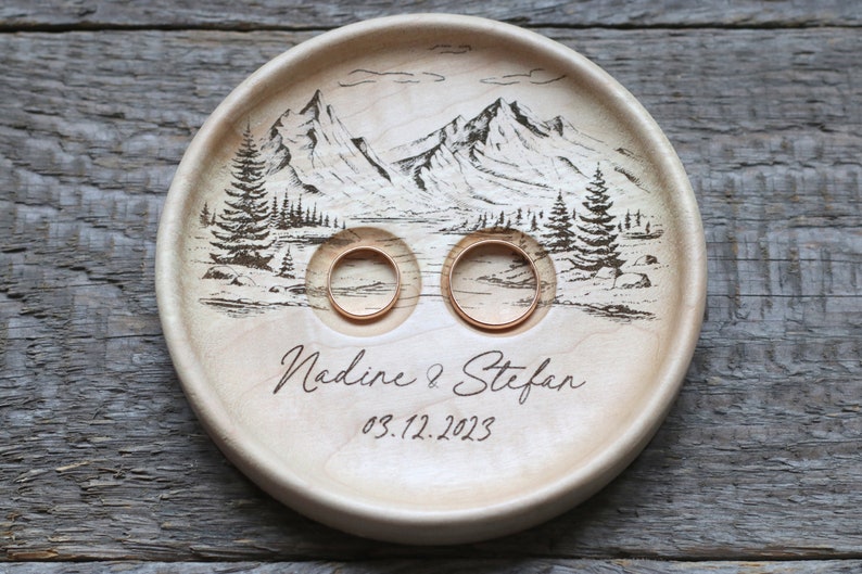 Mountain view Wedding Ring pillow alternative, Wedding ring dish wood, 5th Anniversary gift image 2