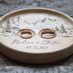 Mountain view Wedding Ring pillow alternative, Wedding ring dish wood, 5th Anniversary gift image 4