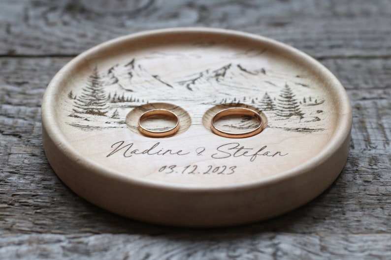 Mountain view Wedding Ring pillow alternative, Wedding ring dish wood, 5th Anniversary gift image 4