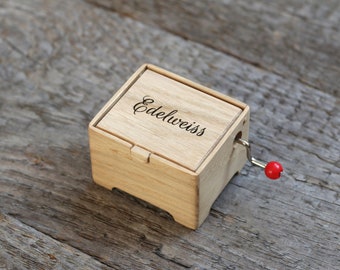 Edelweiss hand cranked engraved music wood box