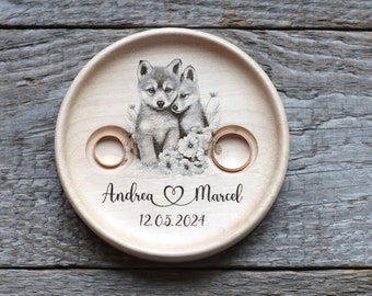Wolf couple Wedding Ring pillow alternative,  Wedding ring dish wood, 5th Anniversary gift