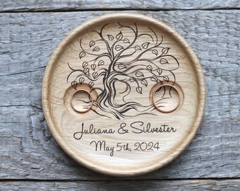 Tree of Life Wedding Ring pillow alternative,  Wedding ring dish wood, 5th Anniversary gift.