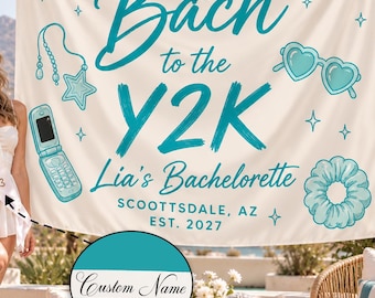 Y2K Bachelorette Banner, Retro Sparkle Silk Backdrop, Custom Bride Name