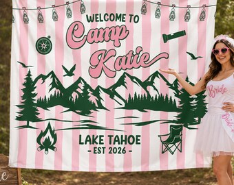 Personalized Camp Bachelorette Silk Banner, Camping Bachelorette Decor, Pink Striped Coquette Aesthetic Style