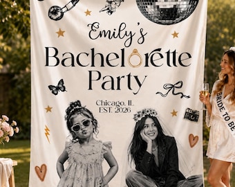 Retro Bride Photo Bachelorette Banner, Personalized Silk Party Sign, Custom Name