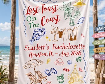 Last Toast On The Coast Banner, Personalized Bachelorette Party Decor, Coastal Retro Vintage Hand Drawn Style, Seas The Day Prop