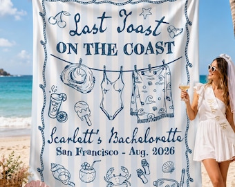 Last Toast On The Coast Banner, Personalized Bachelorette Party Decorations, Coastal Doodle Retro Vintage Modern