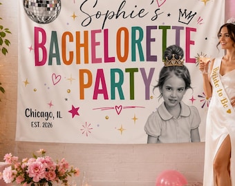 Custom Photo Bachelorette Banner, Retro Disco Silk Party Sign, Personalized Bride Name