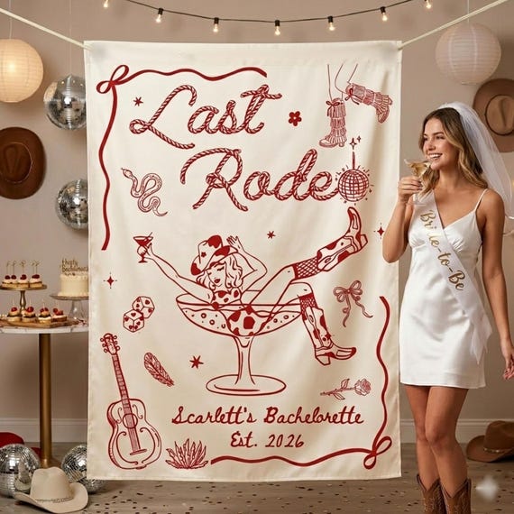 Personalized Last Rodeo Bachelorette Silk Banner, Custom Name Cowgirl Bachelorette Backdrop, Western Bach Party Decor, Nashville Photo Sign