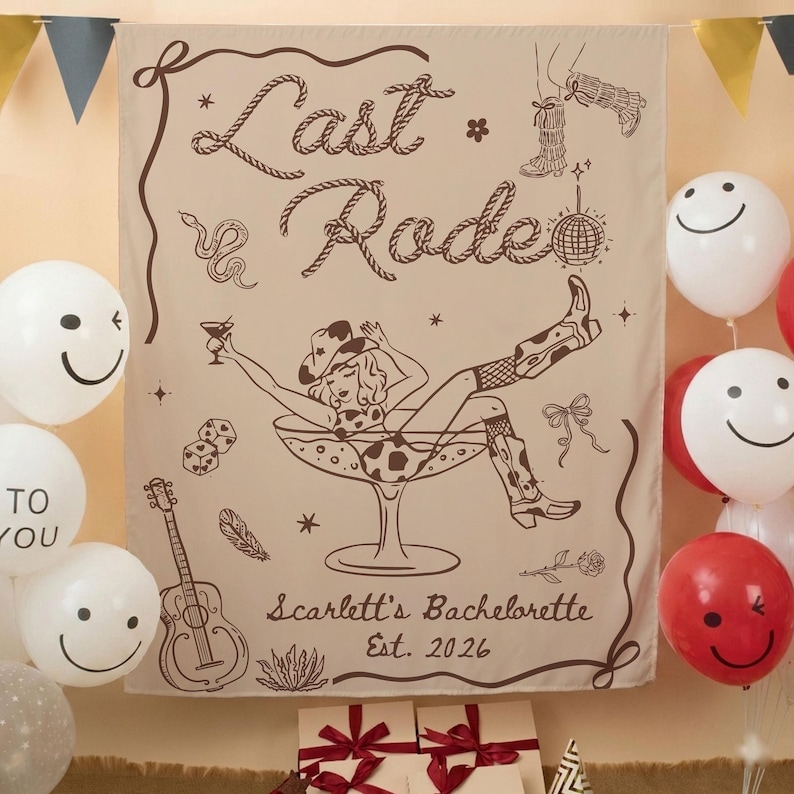 May include: A beige tapestry with the words "Last Rodeo" in a rope-like font, featuring a cowgirl in a martini glass. The tapestry includes illustrations of a snake, dice, a guitar, and a disco ball. The text "Scarlett's Bachelorette Est. 2026" is also present.
