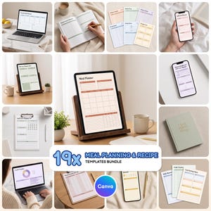 Peut inclure: Un ensemble numérique de 19 modèles de planification de repas et de recettes avec diverses mises en page pour ordinateurs portables, tablettes et smartphones. La collection comprend des trackers, des journaux et des planificateurs aux tons pastel.