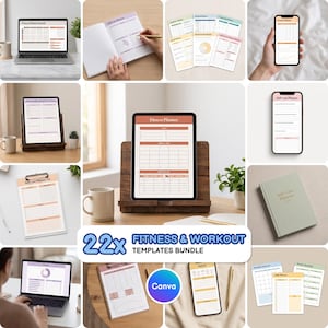 Peut inclure: Un ensemble de 22 modèles de fitness et d'entraînement comprenant des planificateurs numériques et imprimables pour tablettes, ordinateurs portables et smartphones. La collection inclut diverses mises en page pour le suivi du bien-être et de l'exercice.