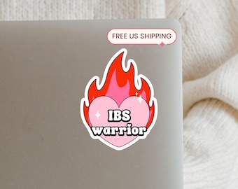 May include: A die-cut sticker featuring a light pink heart shape surrounded by stylized red and orange flames. The text IBS warrior is printed in bold black letters across the center of the heart, accented by small white sparkles on the surface.