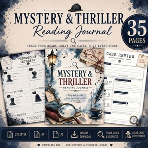May include: A Mystery & Thriller Reading Journal with 35 pages, featuring a dark blue and cream watercolor design. The cover displays a magnifying glass, vintage books, a key, and a streetlamp. Includes pages for tracking suspects and case reviews.