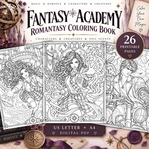 Könnte beinhalten: Ein digitales Malbuch mit dem Titel Fantasy Academy Romantasy Coloring Book mit 26 druckbaren Seiten. Das Cover zeigt schwarz-weiße Strichzeichnungen von Charakteren in Schuluniformen und auf einem Motorrad, mit Angaben zu US Letter und A4 Formaten.