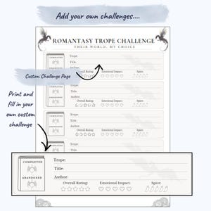 May include: A printable Romantasy Trope Challenge page with fill-in-the-blank sections for trope, title, author, rating, emotional impact, and spice level. The text "Add your own challenges" is at the top.