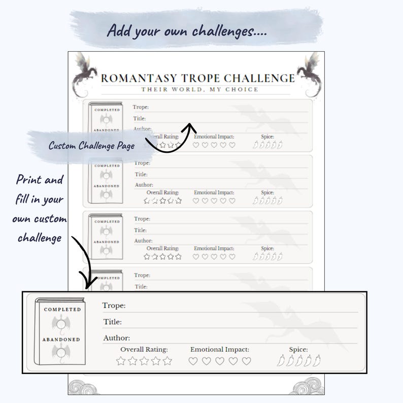May include: A printable Romantasy Trope Challenge page with fill-in-the-blank sections for trope, title, author, rating, emotional impact, and spice level. The text "Add your own challenges" is at the top.
