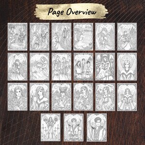 May include: A collection of 23 black and white coloring pages featuring fantasy characters. The pages are arranged on a wooden surface, with text that reads "Page Overview"