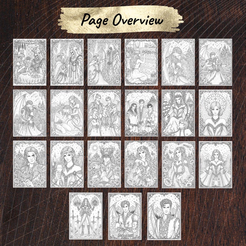 May include: A collection of 23 black and white coloring pages featuring fantasy characters. The pages are arranged on a wooden surface, with text that reads "Page Overview"