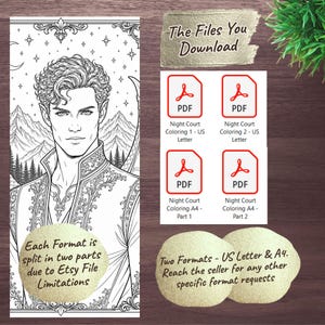 Peut inclure: T&eacute;l&eacute;chargement num&eacute;rique en noir et blanc, pr&eacute;sentant une illustration d&eacute;taill&eacute;e d'une figure masculine avec des oreilles pointues, des montagnes et des &eacute;toiles. Comprend quatre fichiers PDF intitul&eacute;s "Night Court Coloring" aux formats US Letter et A4. Texte : "The Files You Download", "Each Format is split in two parts due to Etsy File Limitations", et "Two Formats - US Letter & A4. Reach the seller for any other specific format requests."