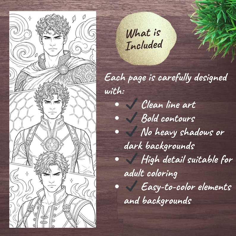 May include: A black and white coloring book page featuring three detailed illustrations of a man in various outfits. The page includes text that reads "What is Included" and lists features like clean line art and high detail suitable for adult coloring.