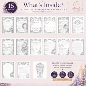 May include: A set of 15 printable dream journal pages featuring intricate black and white line art illustrations of celestial motifs, unicorns, and dreamcatchers. The pages include sections for dream logs, archives, and sketches in US Letter size.