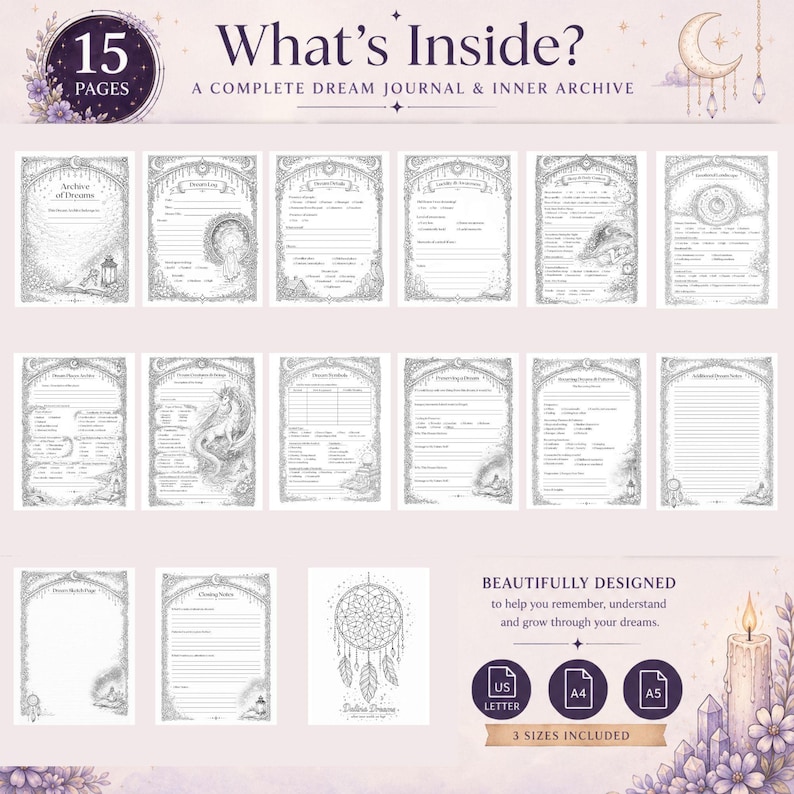 May include: A set of 15 printable dream journal pages featuring intricate black and white line art illustrations of celestial motifs, unicorns, and dreamcatchers. The pages include sections for dream logs, archives, and sketches in US Letter size.
