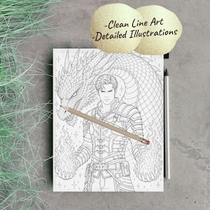 May include: A black and white coloring book page featuring a detailed illustration of a man with a dragon. The man is wearing armor and holding flames in his hands. The text "-Clean Line Art -Detailed Illustrations" is in the upper right corner.
