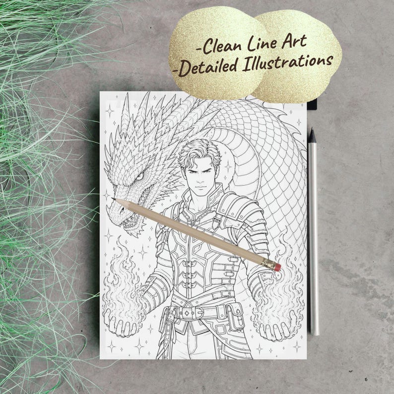 May include: A black and white coloring book page featuring a detailed illustration of a man with a dragon. The man is wearing armor and holding flames in his hands. The text "-Clean Line Art -Detailed Illustrations" is in the upper right corner.