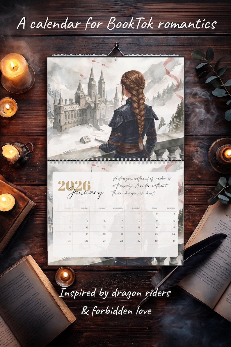 BookTok Fantasy Wall Calendar 2026 - Epic Romantic Dragon Watercolor Art, Magical Book Inspired Decor image 1