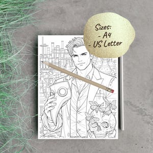 May include: Black and white line art coloring page featuring a man in a lab coat holding a plague doctor mask and a skull with butterflies. A pencil rests on the page. Text on the page reads "Sizes: - A4 - US Letter".
