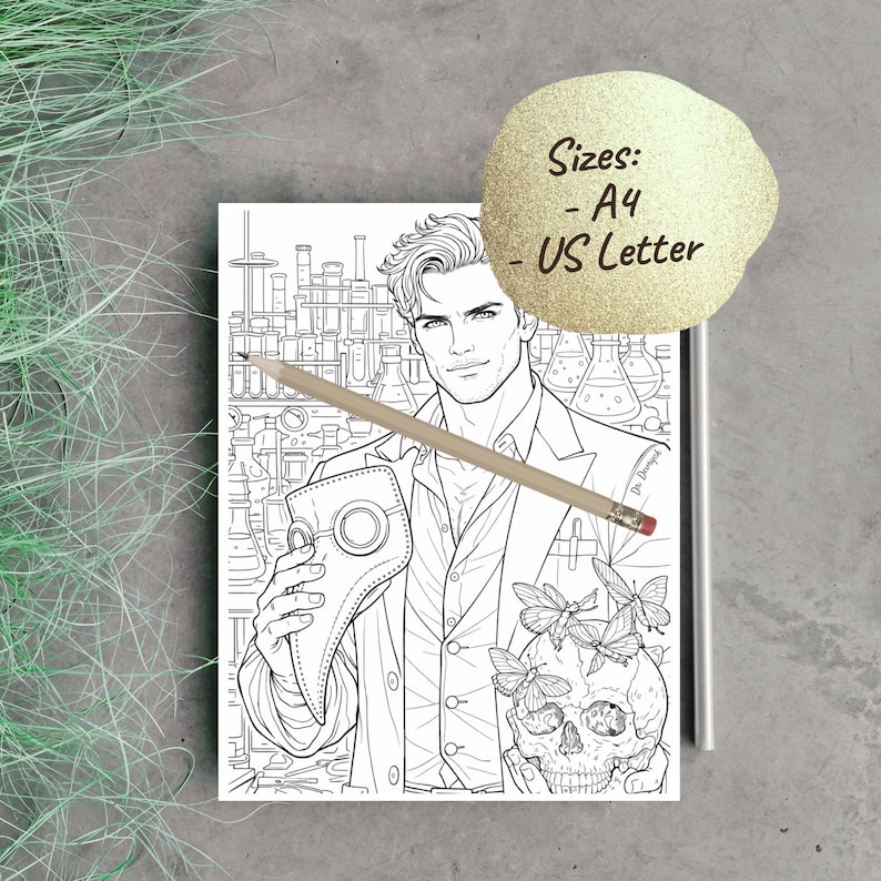 May include: Black and white line art coloring page featuring a man in a lab coat holding a plague doctor mask and a skull with butterflies. A pencil rests on the page. Text on the page reads "Sizes: - A4 - US Letter".