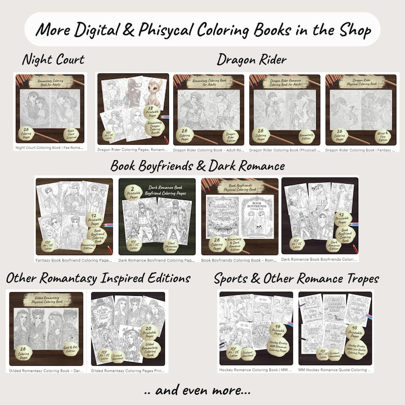 Peut inclure: Une collection de livres de coloriage avec divers th&egrave;mes, dont "Night Court", "Dragon Rider" et "Book Boyfriends". Chaque livre pr&eacute;sente des dessins au trait complexes &agrave; colorier, avec des titres et des nombres de pages. Le texte de l'image indique : "More Digital & Physical Coloring Books in the Shop."