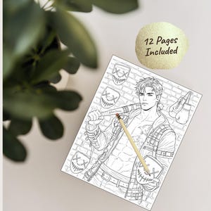 May include: A black and white coloring book page featuring a male figure with a baseball bat, a mask, and boxing gloves. The page is on a white surface with a pencil and a gold-colored circle that says "12 Pages Included".