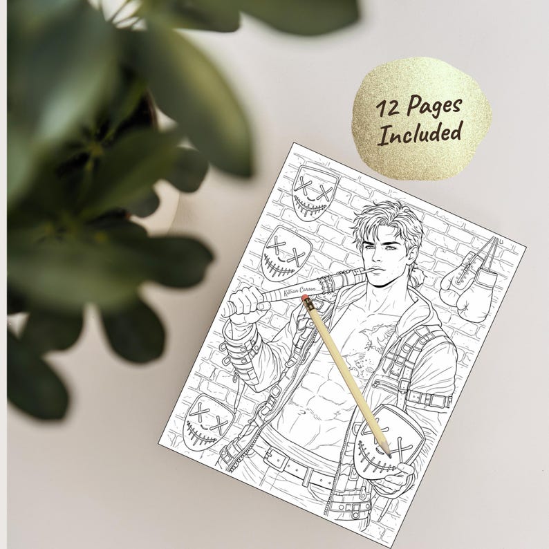 May include: A black and white coloring book page featuring a male figure with a baseball bat, a mask, and boxing gloves. The page is on a white surface with a pencil and a gold-colored circle that says "12 Pages Included".