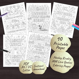Puede incluir: Una colección de 10 páginas para colorear imprimibles con citas e ilustraciones con temática de hockey. Las páginas presentan frases como "Rivals on the Ice" y "I'm Coming to the Cottage", junto con imágenes relacionadas con el hockey. Incluye descarga instantánea PDF A4/US Letter.