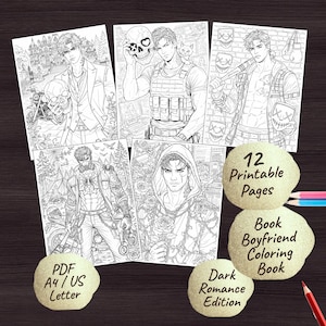 May include: A collection of black and white printable coloring pages featuring male figures in various settings. Includes text that reads "12 Printable Pages", "Book Boyfriend Coloring Book", "Dark Romance Edition", and "PDF A4/US Letter".