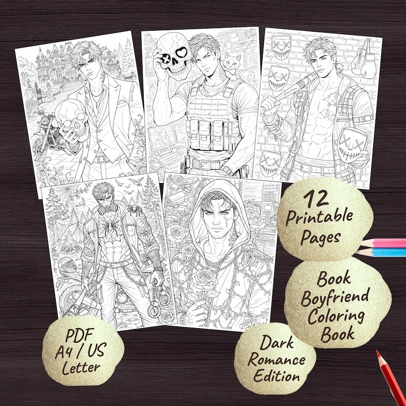 May include: A collection of black and white printable coloring pages featuring male figures in various settings. Includes text that reads "12 Printable Pages", "Book Boyfriend Coloring Book", "Dark Romance Edition", and "PDF A4/US Letter".