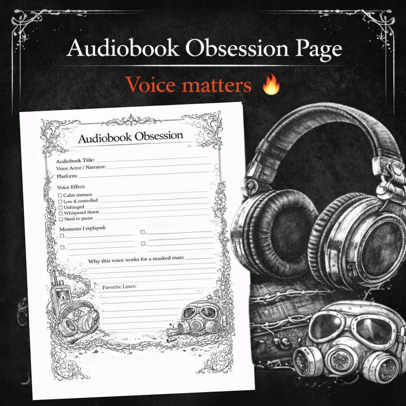 May include: A black and white illustration featuring a page titled "Audiobook Obsession" with fill-in sections. A large pair of headphones, a gas mask, and other audio equipment are also depicted, with the text "Voice matters".