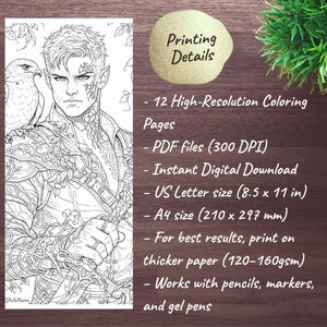 May include: Black and white line art of a fantasy character with a hawk on their shoulder. The image is a coloring page, with text indicating it is a digital download with US Letter and A4 size options. The text also mentions printing details.