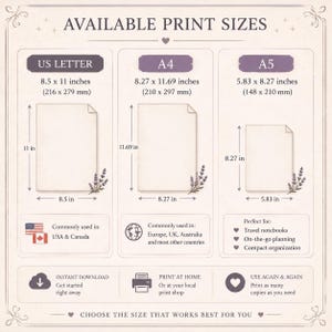 May include: An informational chart titled AVAILABLE PRINT SIZES displaying three paper formats: US Letter at 8.5 x 11 inches, A4 at 8.27 x 11.69 inches, and A5 at 5.83 x 8.27 inches. The graphic includes icons for instant download and home printing.