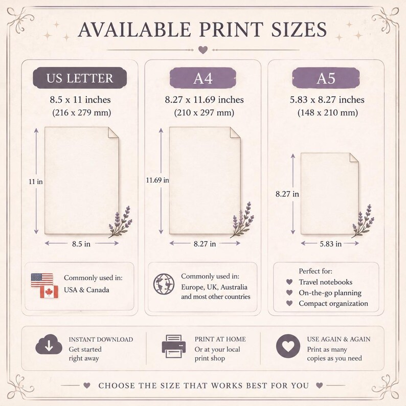 May include: An informational chart titled AVAILABLE PRINT SIZES displaying three paper formats: US Letter at 8.5 x 11 inches, A4 at 8.27 x 11.69 inches, and A5 at 5.83 x 8.27 inches. The graphic includes icons for instant download and home printing.