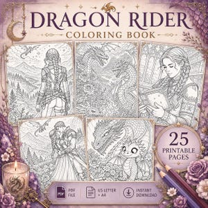 Op de afbeelding: Een Dragon Rider kleurboek met 25 printbare pagina's met zwart-wit lijntekeningen van draken en ruiters. De omslag toont vijf verschillende scènes, de tekst Dragon Rider Coloring Book en een cirkelvormige badge die 25 printbare pagina's aangeeft, alles tegen een paarse en gouden achtergrond.