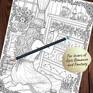 Peut inclure: Page de coloriage en noir et blanc repr&eacute;sentant une femme peignant un motif floral sur un meuble. L'image comprend un crayon, des pinceaux et le texte "For lovers of Epic Romance and Fantasy."